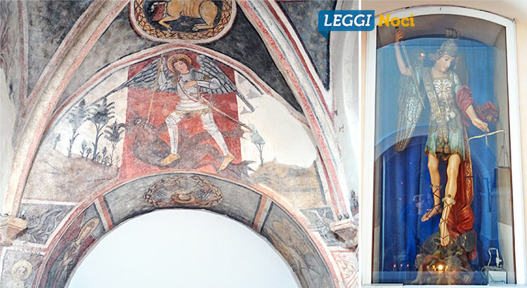 Due rappresentazioni dell’arcangelo Michele. A sinistra l’affresco della cappella della Ss. Trinità nella Chiesa Madre e a destra la statua nella chiesa Ss Nome di Gesù.