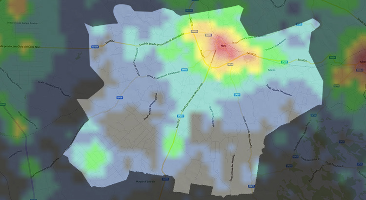 Mappa dell’inquinamento luminoso dei cieli nocesi, consultabile sul sito http://www.lightpollutionmap.info/ 