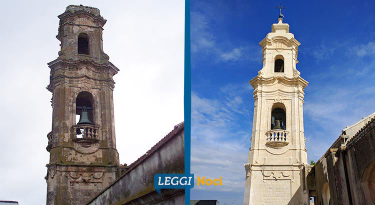 Il campanile della Chiesa Madre. A sinistra, dopo il fulmine del 25 gennaio 2012. A destra, dopo gli interventi di ristrutturazione, conclusi nell’ottobre del 2014.