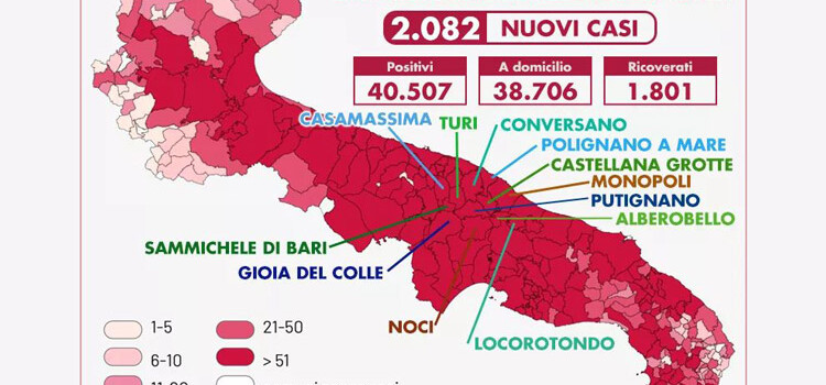 Boom di contagi in Puglia: oggi superata quota 2000